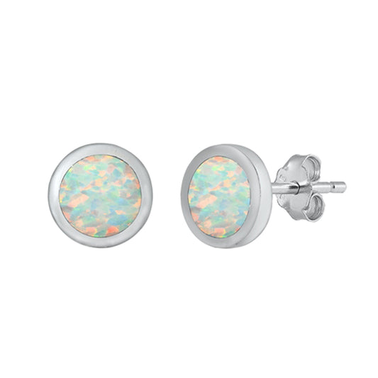 Sterling Silver Simple Circle Round Classic Earrings White Synthetic Opal 925