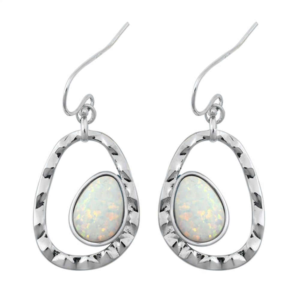 Sterling Silver Modern Hoop Drop Dangle Elegant Earrings White Synthetic Opal