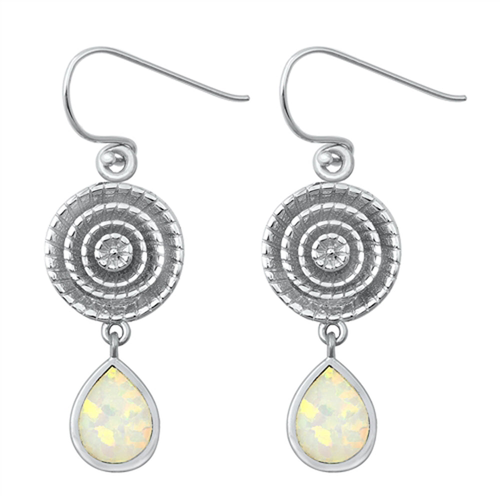 Sterling Silver Teardrop Medallion Drop Dangle Earrings White Synthetic Opal 925