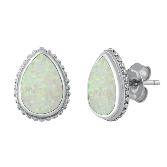 Sterling Silver Teardrop Bali Bead Halo Earrings White Synthetic Opal 925 New