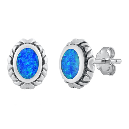 Sterling Silver Swirl Frame Oval Vintage Style Earrings Blue Synthetic Opal 925