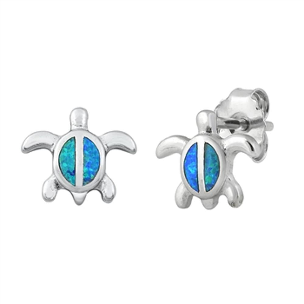 Sterling Silver Classic Blue Synthetic Opal Turtle Stud Beach Earrings .925 New