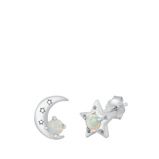 Sterling Silver Night Sky Star Moon Earrings White Synthetic Opal 925 New