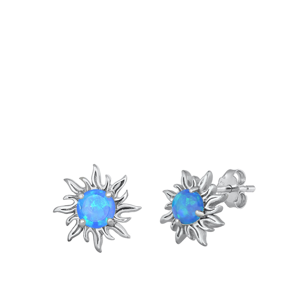 Sterling Silver Burning Sun Wavy Hot Statement Earrings Blue Synthetic Opal 925