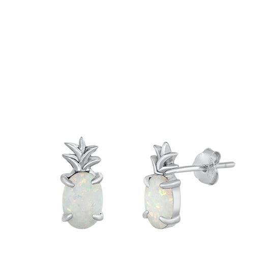 Sterling Silver Pineapple Fruit Tropical Food Earrings White Synthetic Opal 925