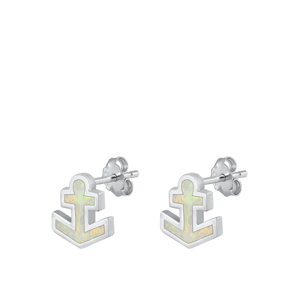 Sterling Silver Anchor Simple Classic Earrings White Synthetic Opal 925 New