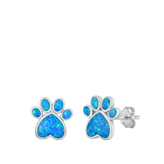 Sterling Silver Paw Print Animal Cute Pet Earrings Blue Synthetic Opal 925 New