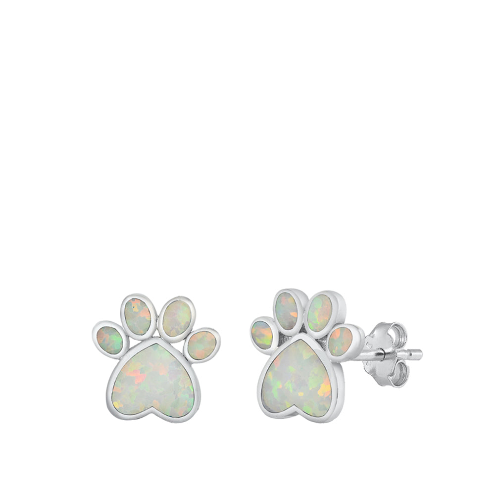 Sterling Silver Cat Paw Print Animal Cute Pet Dog Earrings White Synthetic Opal