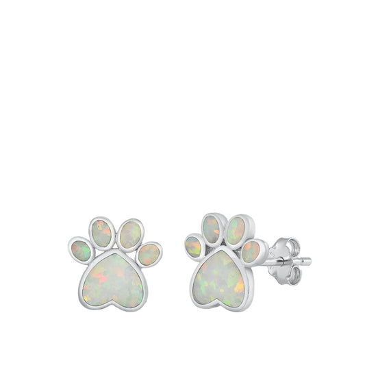 Sterling Silver Cat Paw Print Animal Cute Pet Dog Earrings White Synthetic Opal