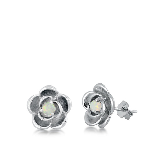 Sterling Silver Bloom Flower Nature Cute Rose Earrings White Synthetic Opal 925