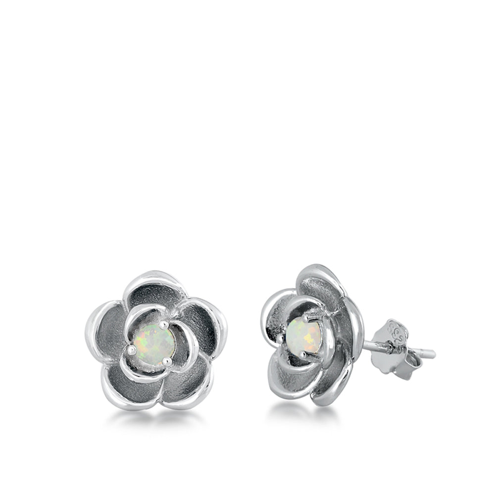 Sterling Silver Bloom Flower Nature Cute Rose Earrings White Synthetic Opal 925