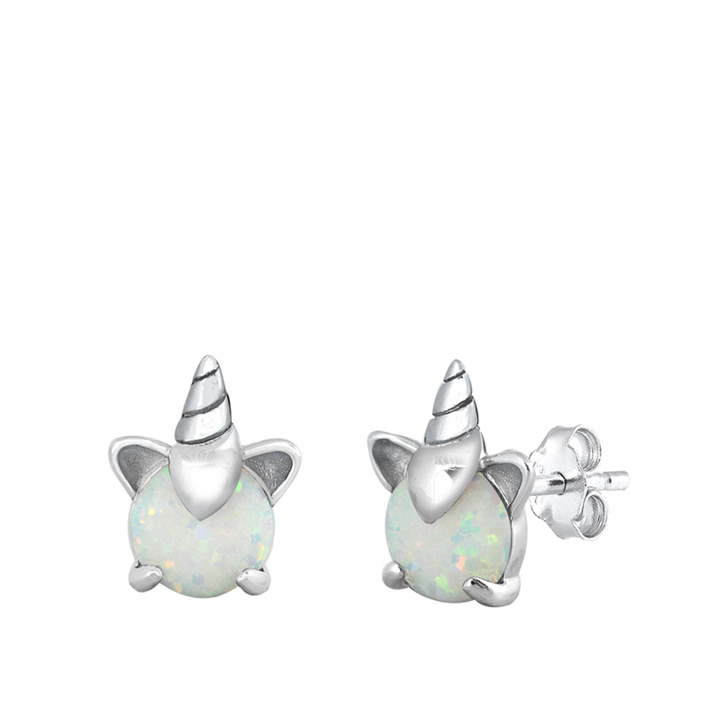 Sterling Silver Unicorn Mythical Creature Fantasy Earrings White Synthetic Opal