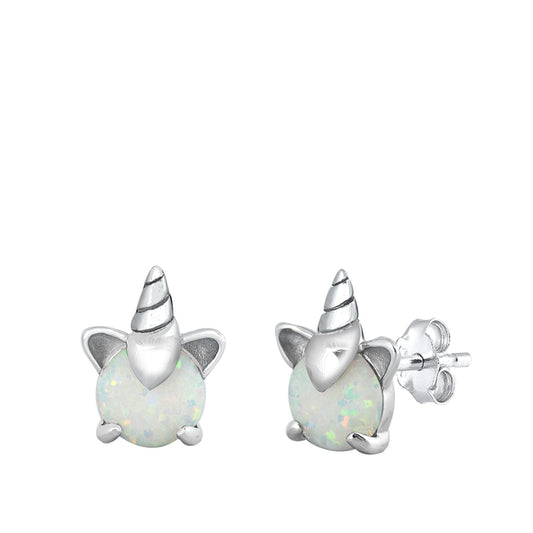 Sterling Silver Unicorn Mythical Creature Fantasy Earrings White Synthetic Opal