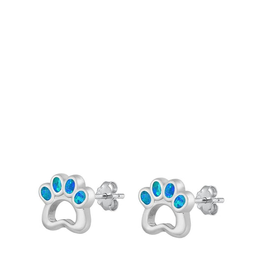 Sterling Silver Dainty Blue Opal Open Paw Print Stud Earrings Dog Paw 925 New