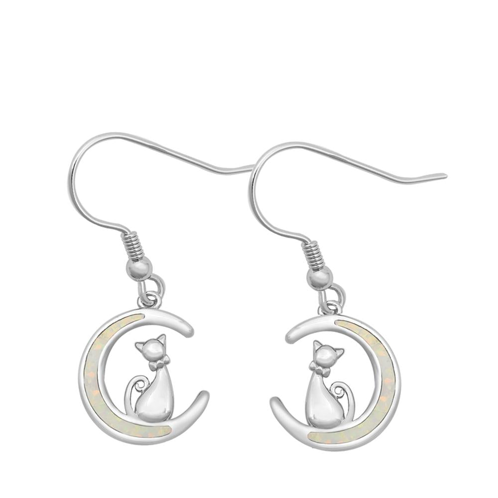 Sterling Silver Cat On Moon Drop Dangle Wired Hook Earrings White Opal 925 New