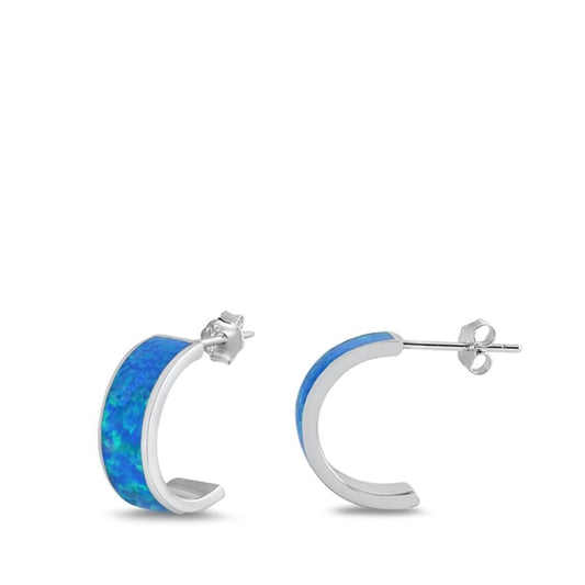 Sterling Silver Half Hoop Blue Opal High Polished Earrings 925 New