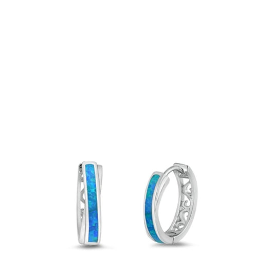 Sterling Silver Cute Blue Synthetic Opal Hoop High Polished Earrings