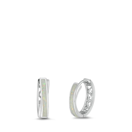 Sterling Silver Fashion White Synthetic Opal Hoop High Polished Earrings