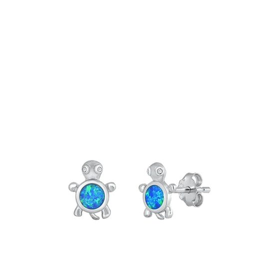Sterling Silver Beautiful Blue Opal Turtle Sea Stud High Polished Earrings 925