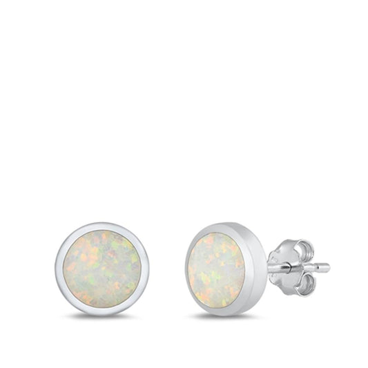 Sterling Silver Cute White Synthetic Opal Circle High Polished Earrings .925 New