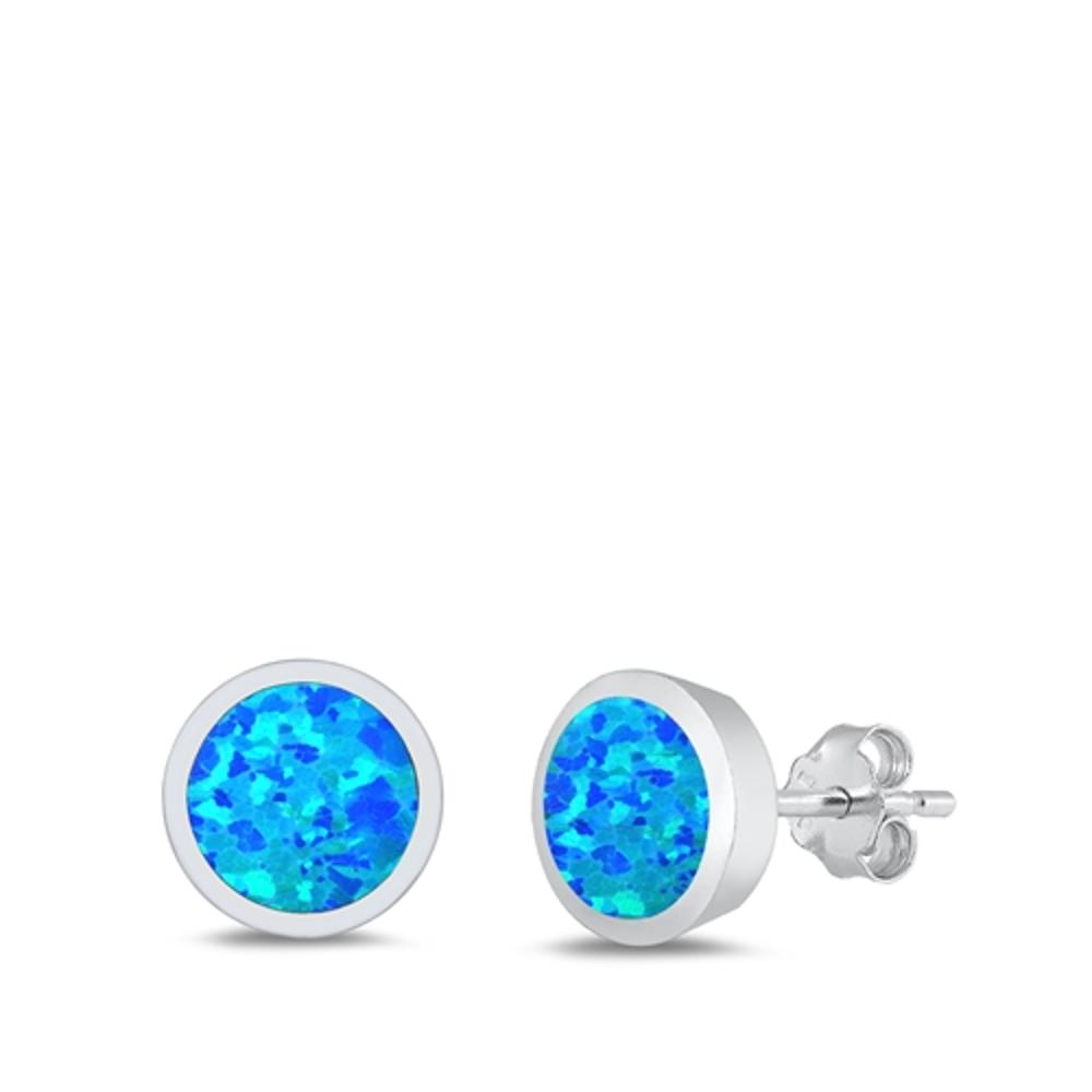 Sterling Silver Cute Blue Synthetic Opal Circle High Polished Earrings 925 New