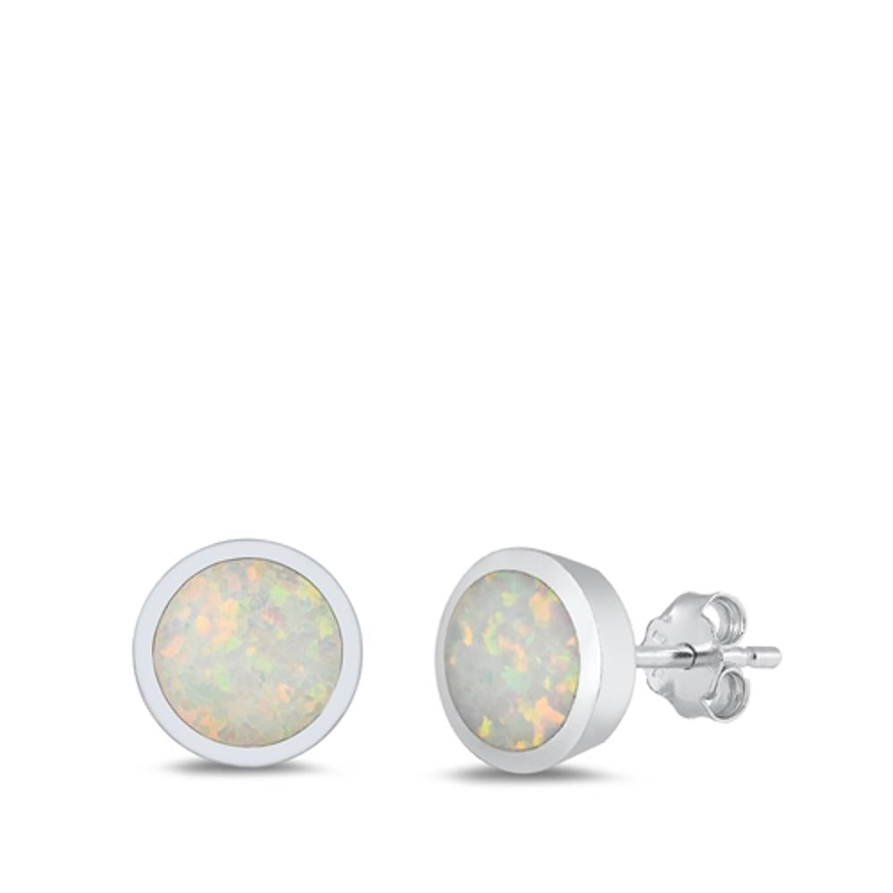 Sterling Silver Cute White Synthetic Opal Circle High Polished Earrings 925 New