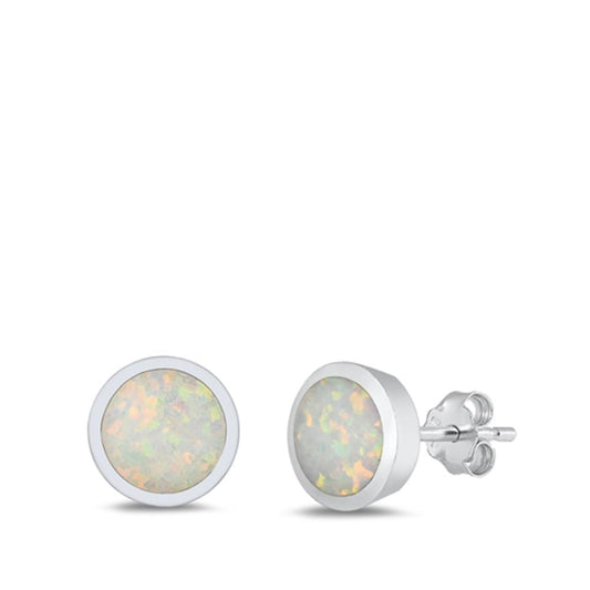 Sterling Silver Cute White Synthetic Opal Circle High Polished Earrings 925 New