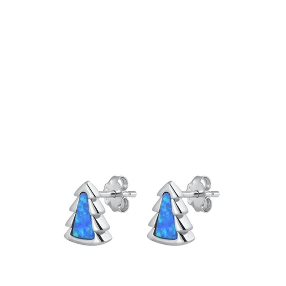 Sterling Silver Blue Opal Little Christmas Tree High Polished Stud Earrings 925
