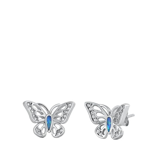 Sterling Silver Cute Blue Opal Butterfly Clear CZ Stud Earrings 925 New
