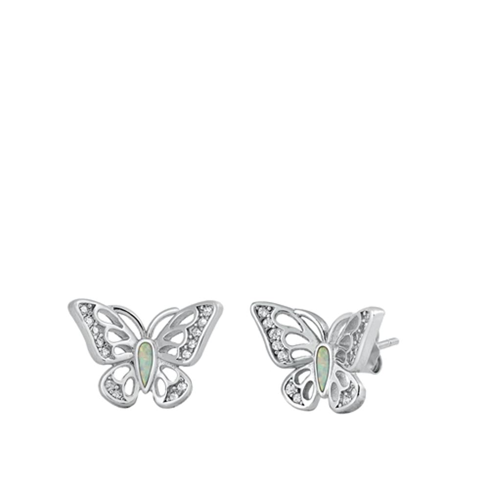 Sterling Silver Clear CZ White Opal Open Butterfly Stud Earrings 925 New