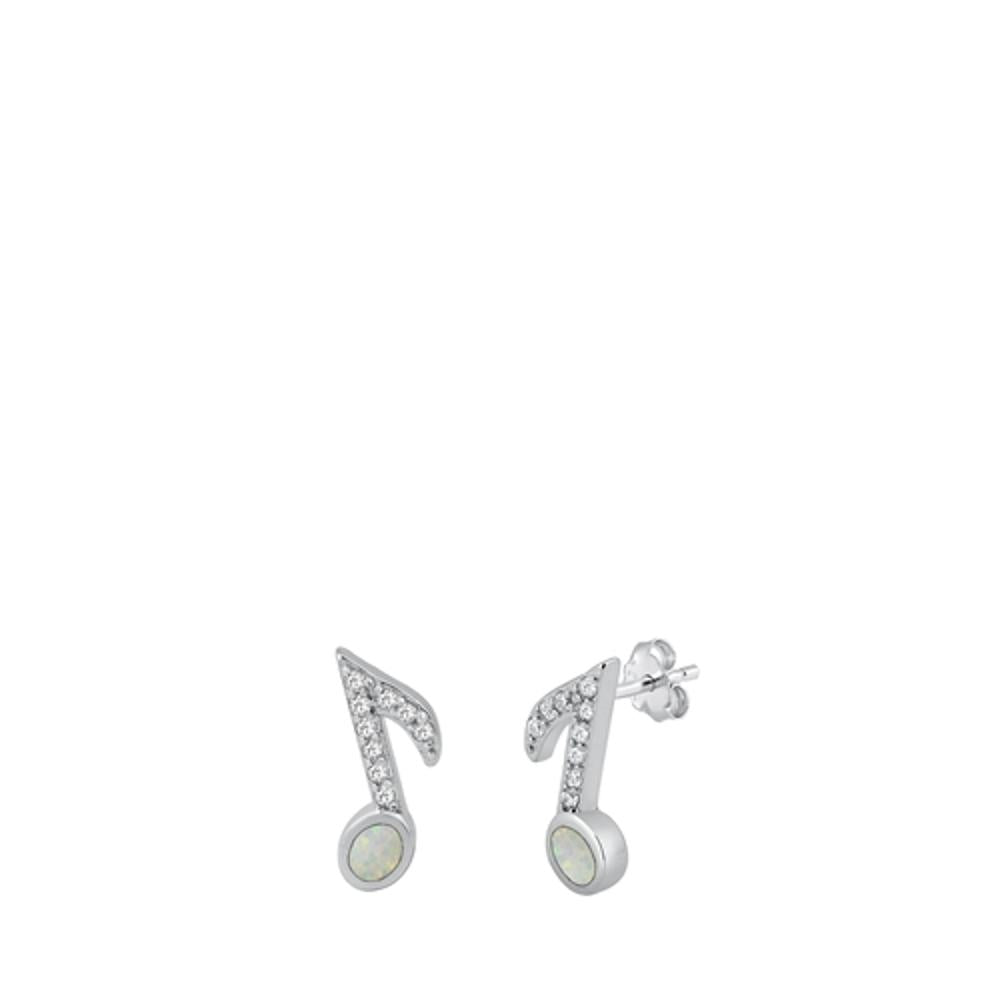 Sterling Silver Beautiful White Synthetic Opal Clear CZ Music Note Earrings 925