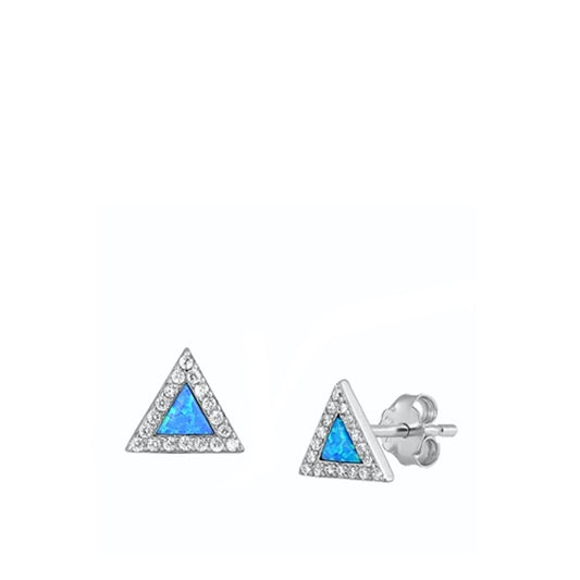 Sterling Silver Beautiful Blue Synthetic Opal Clear CZ Triangle Earrings 925 New
