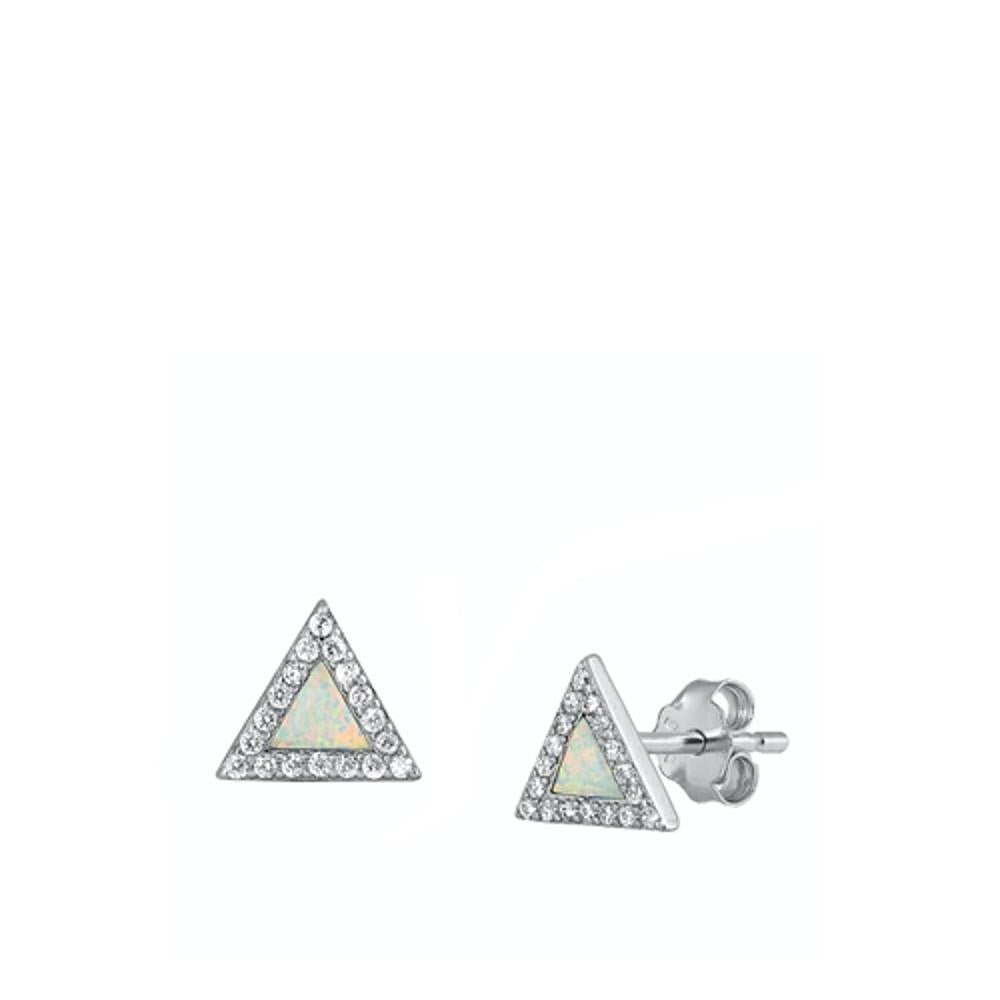 Sterling Silver Classic White Synthetic Opal Clear CZ Triangle Earrings 925 New