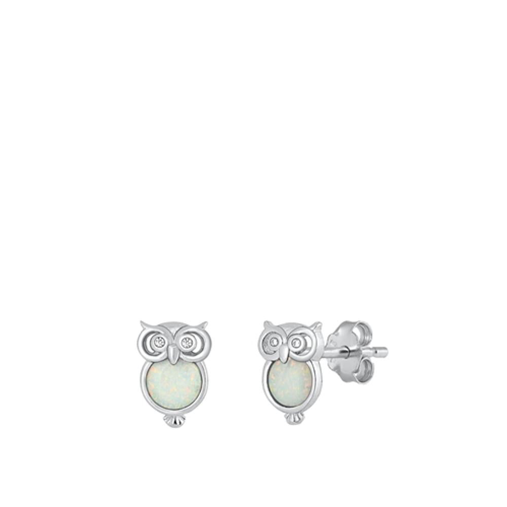 Sterling Silver Polished Owl White Synthetic Opal Pair of Hooters Earrings 925