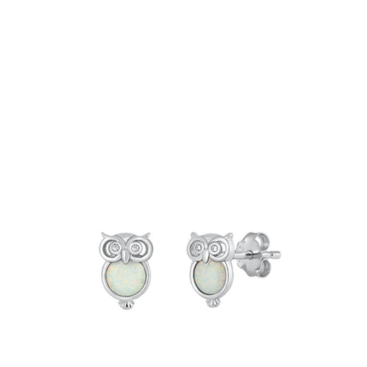 Sterling Silver Polished Owl White Synthetic Opal Pair of Hooters Earrings 925