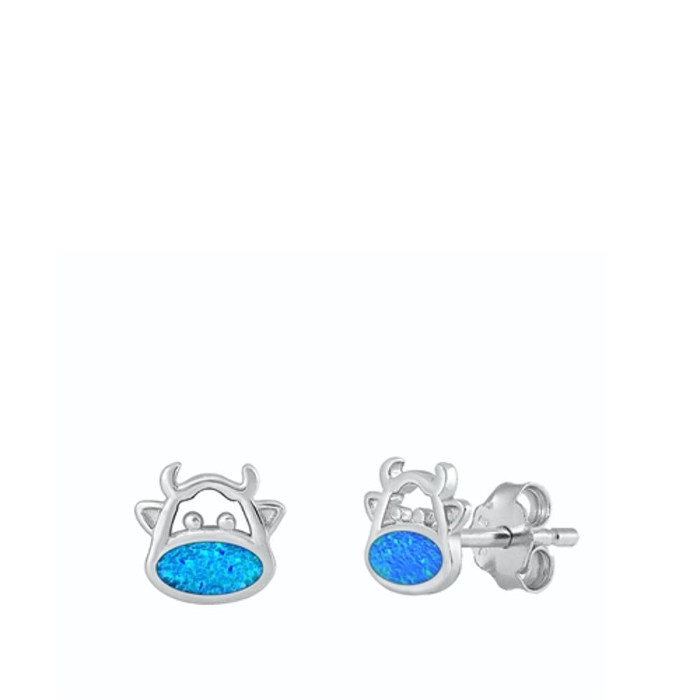 Sterling Silver Polished Blue Synthetic Opal Cow Bull Longhorn Earrings 925 New