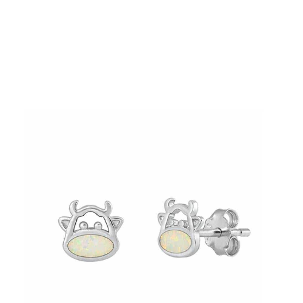 Sterling Silver Fashion White Synthetic Opal Cow Bull Longhorn Earrings 925 New