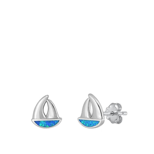 Sterling Silver Fashion Blue Synthetic Opal Sailboat Ocean Earrings 925 New