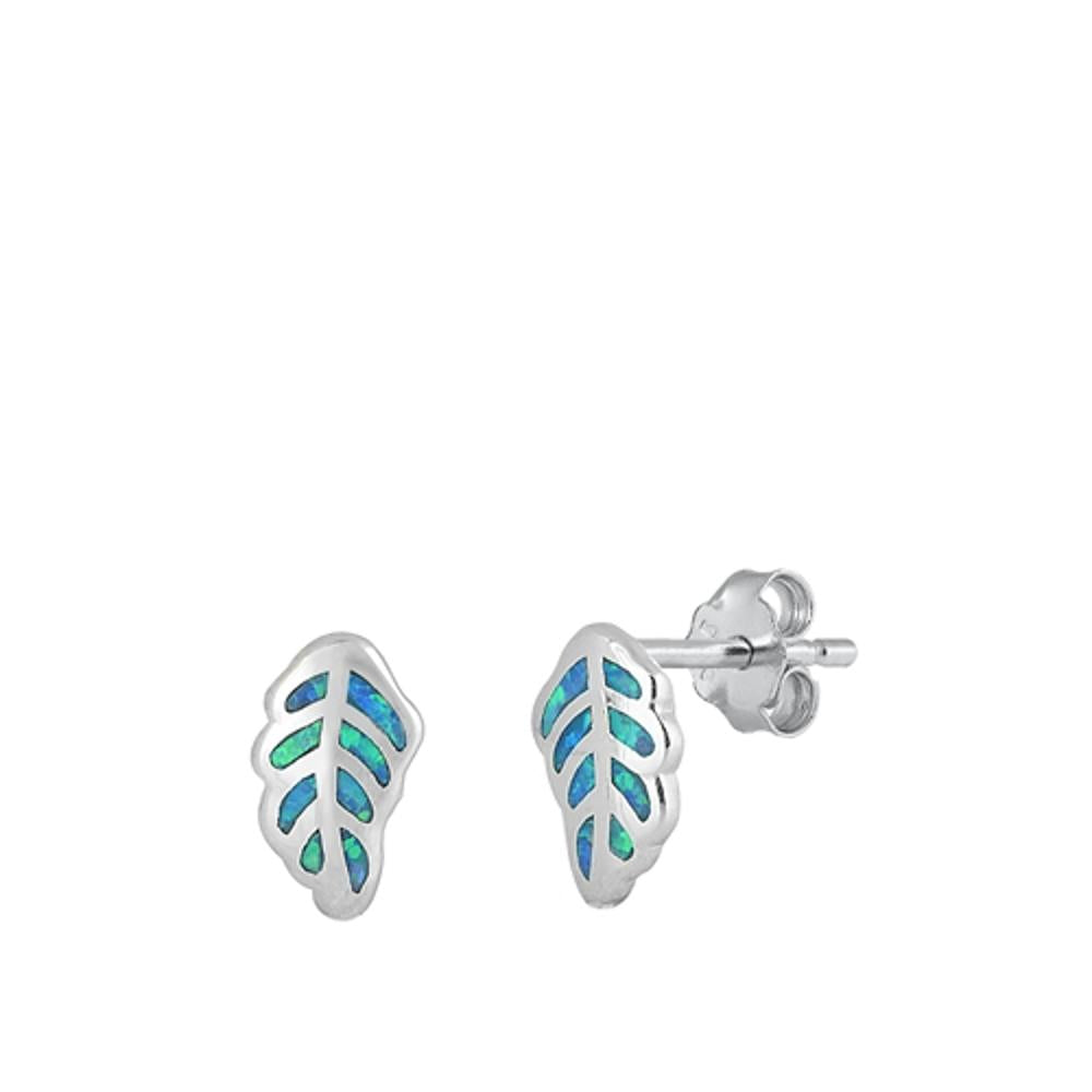 Sterling Silver Polished Blue Synthetic Opal Leaf Fashion Earrings 925 New