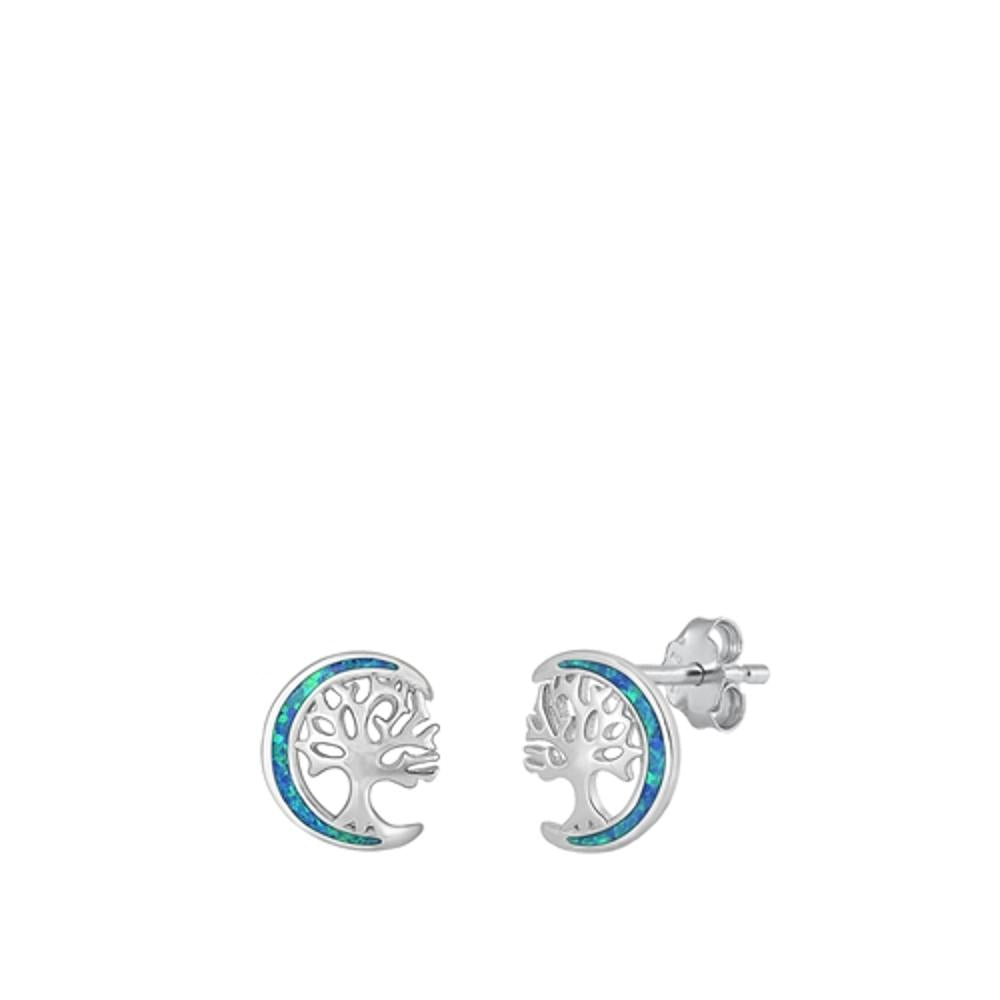 Sterling Silver Classic Blue Synthetic Opal Crescent Moon Tree of Life Earrings