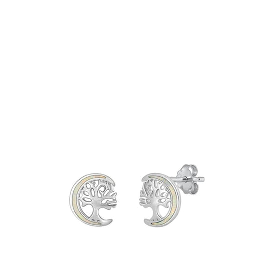 Sterling Silver Cute White Synthetic Opal Crescent Moon Tree of Life Earrings