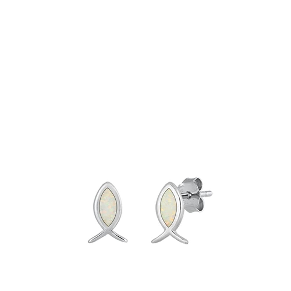 Sterling Silver Classic White Synthetic Opal Ichthys Christian Fish Earrings 925