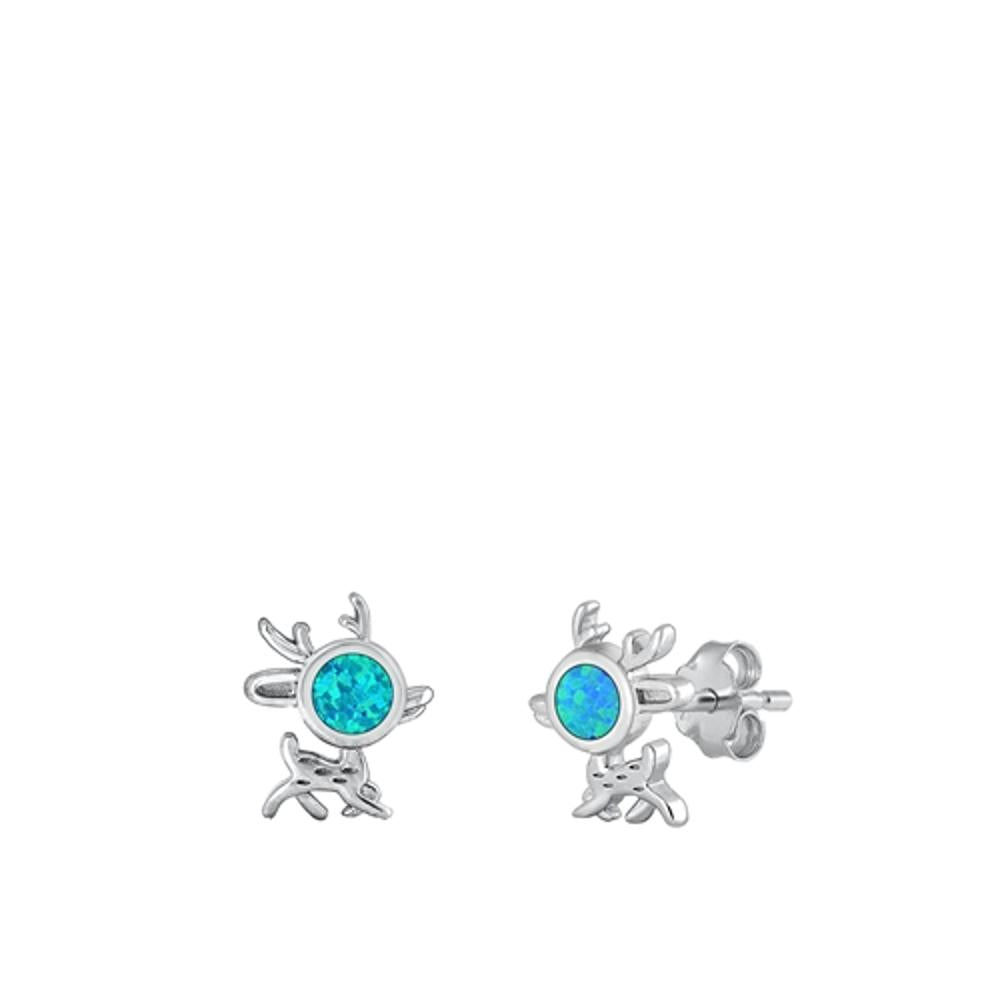 Sterling Silver Beautiful Reindeer Blue Synthetic Opal Christmas Earrings 925