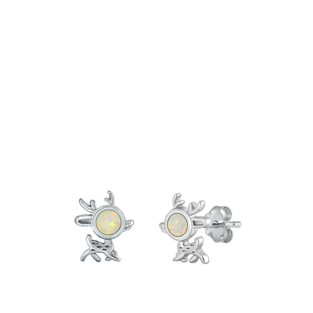 Sterling Silver Fashion White Synthetic Opal Reindeer Christmas Earrings 925 New