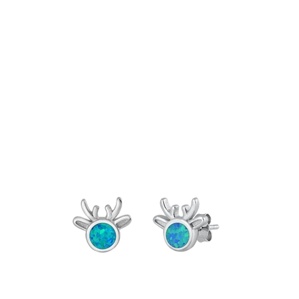 Sterling Silver Classic Blue Synthetic Opal Reindeer Christmas Earrings 925 New