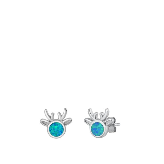 Sterling Silver Classic Blue Synthetic Opal Reindeer Christmas Earrings 925 New