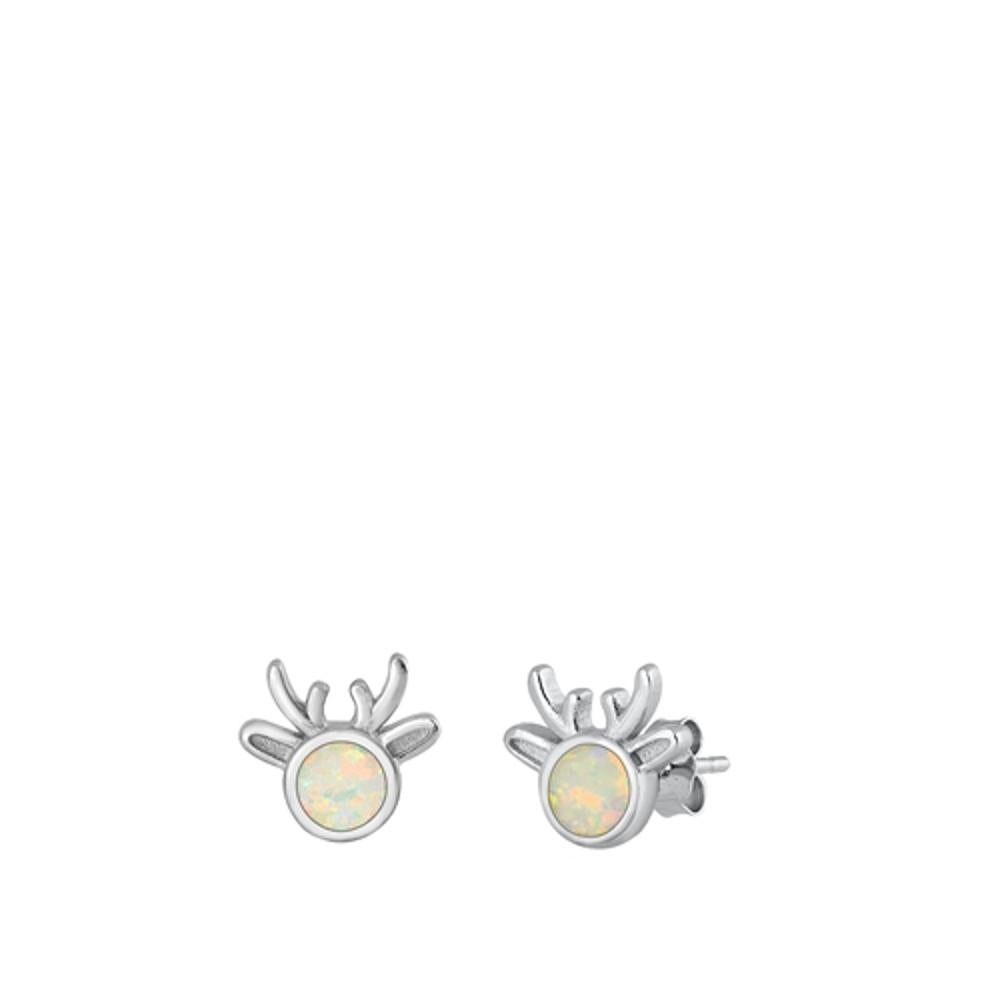 Sterling Silver Polished White Synthetic Opal Reindeer Christmas Earrings 925