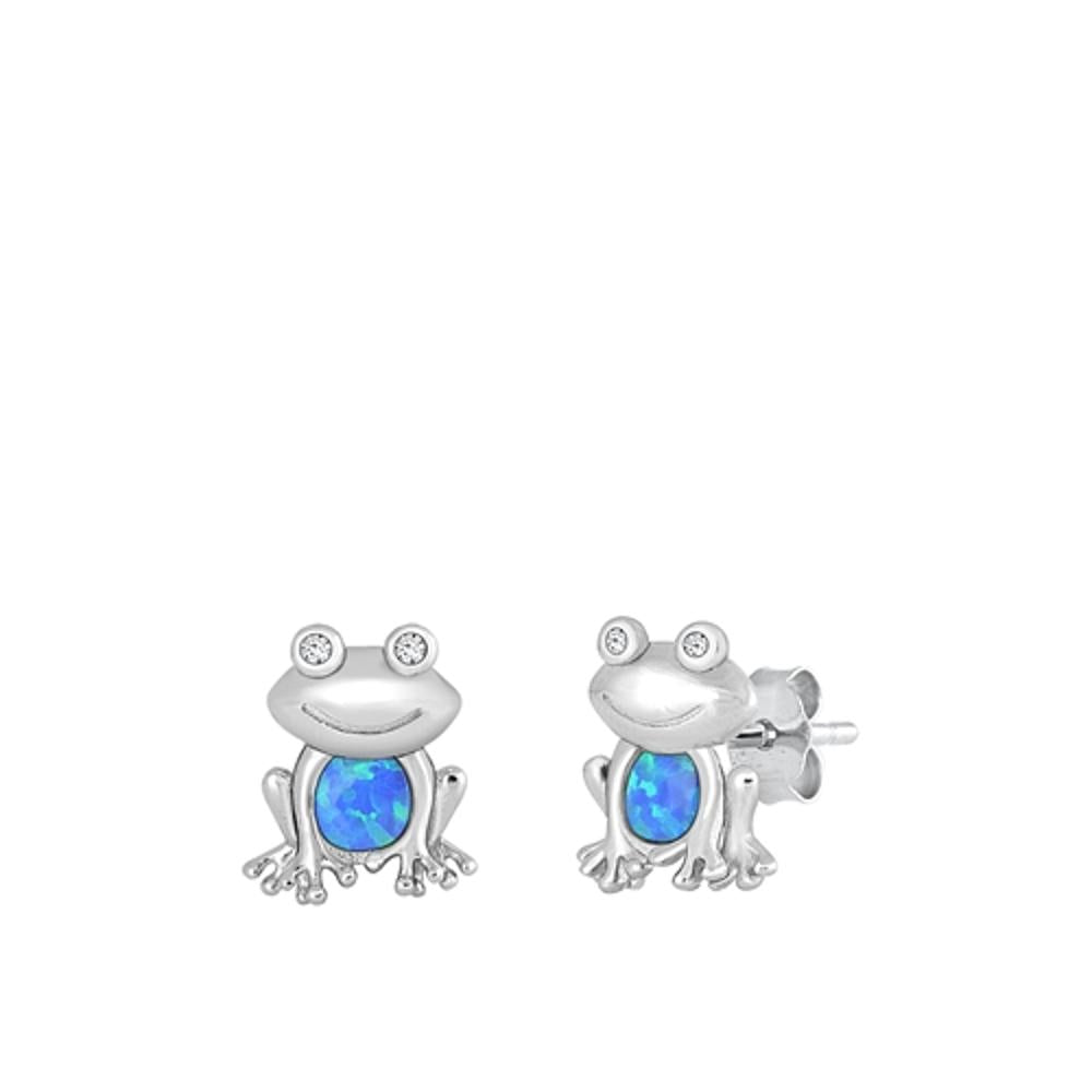 Sterling Silver Bullfrog Polished Blue Synthetic Opal Frog Earrings 925 New