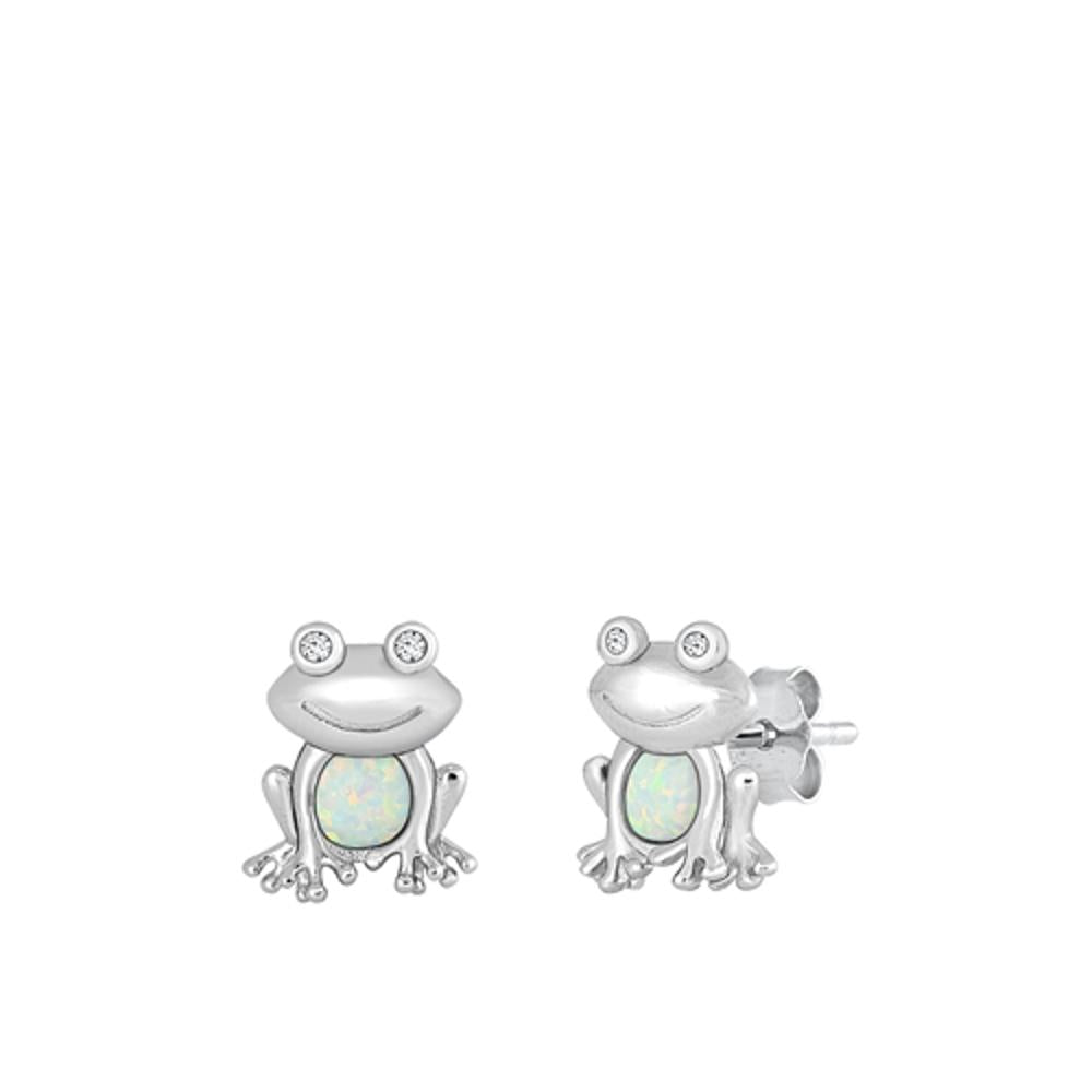 Sterling Silver Fashion Bullfrog White Synthetic Opal Frog Earrings 925 New
