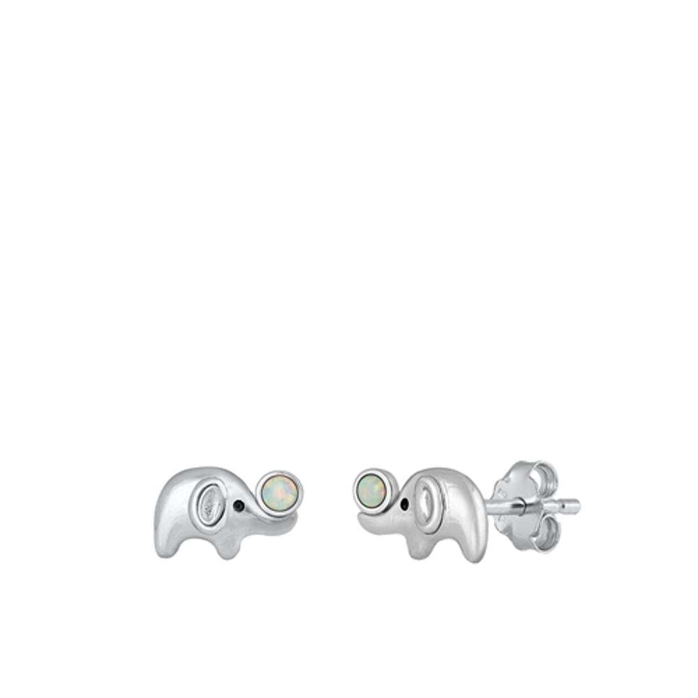 Cute Sterling Silver Classic White Synthetic Opal Elephant Earrings 925 New